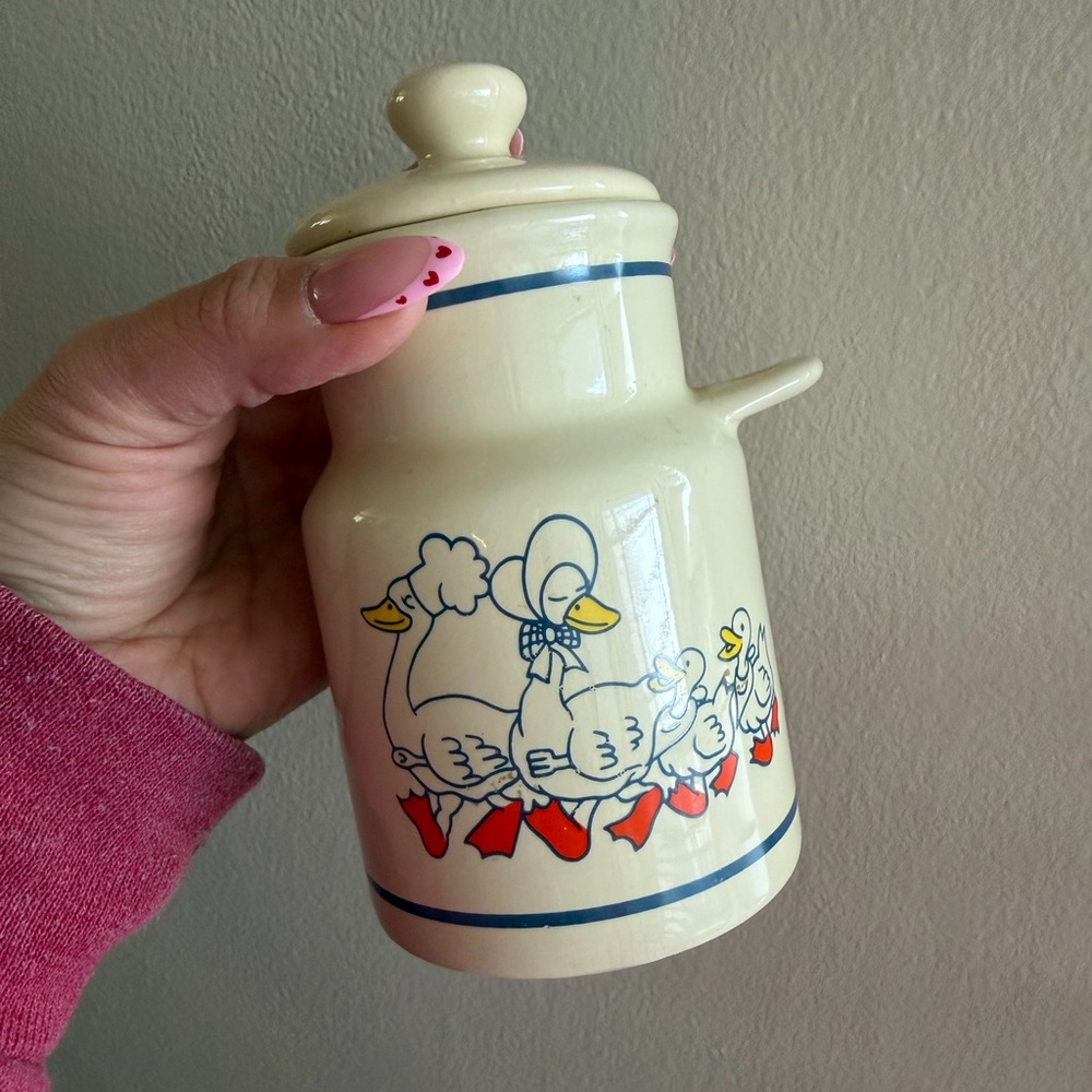 Vintage Cream Ceramic Jar with Duck Design